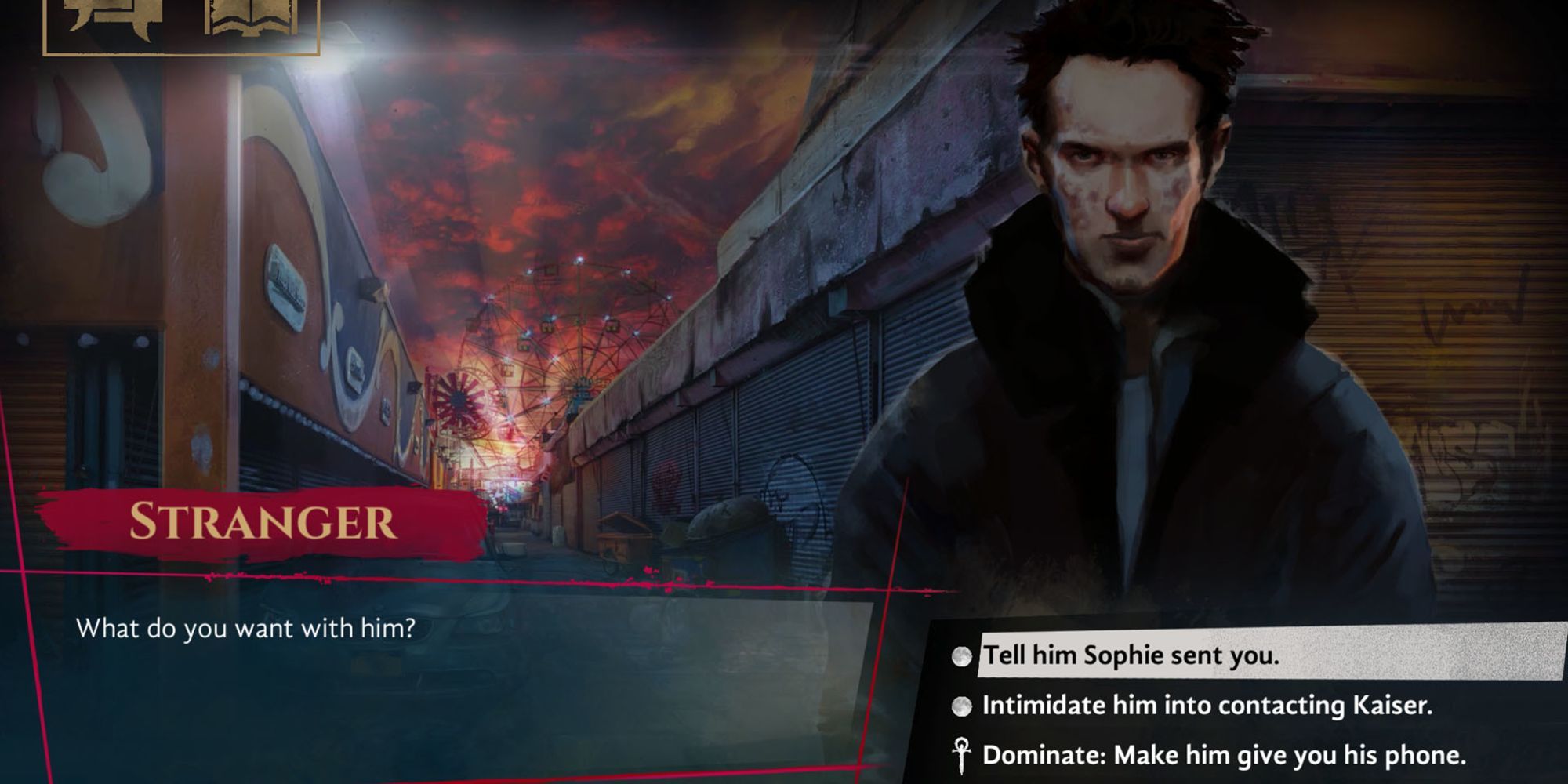 Player speaking to a strange man, three dialogue options displayed in vampire masquerade coteries of new york