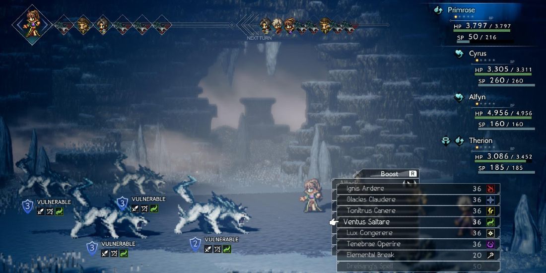 The party fighting War Wolves in Octopath Traveler