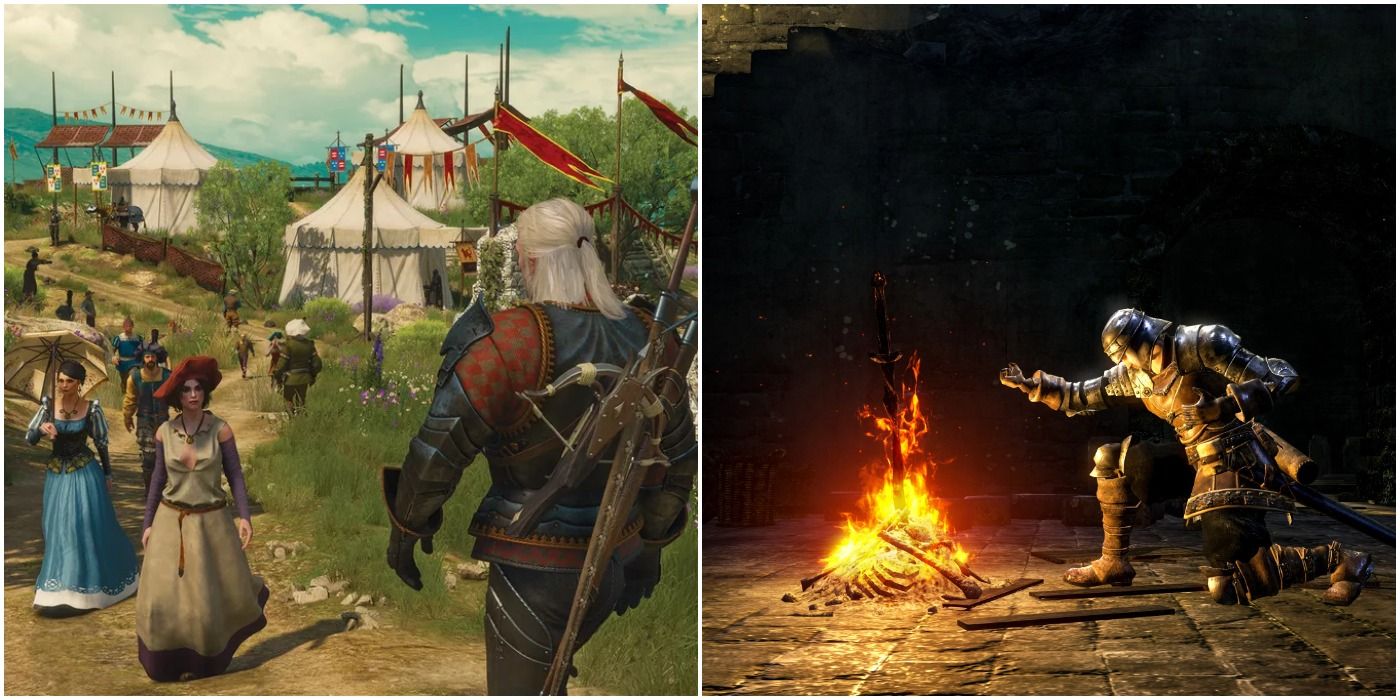 (Left) Geralt walking in Witcher 3 (Right) Character resting at bonfire in Dark Souls