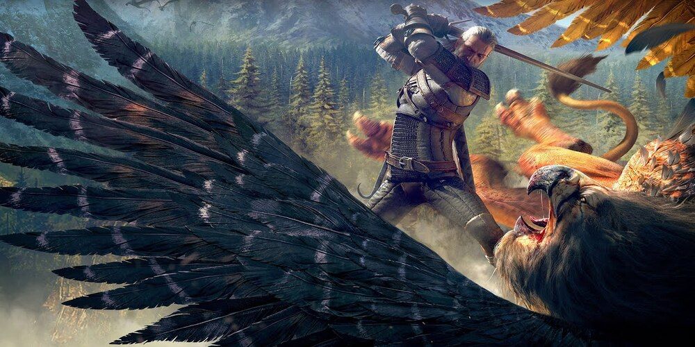 Geralt fighting a Griffin