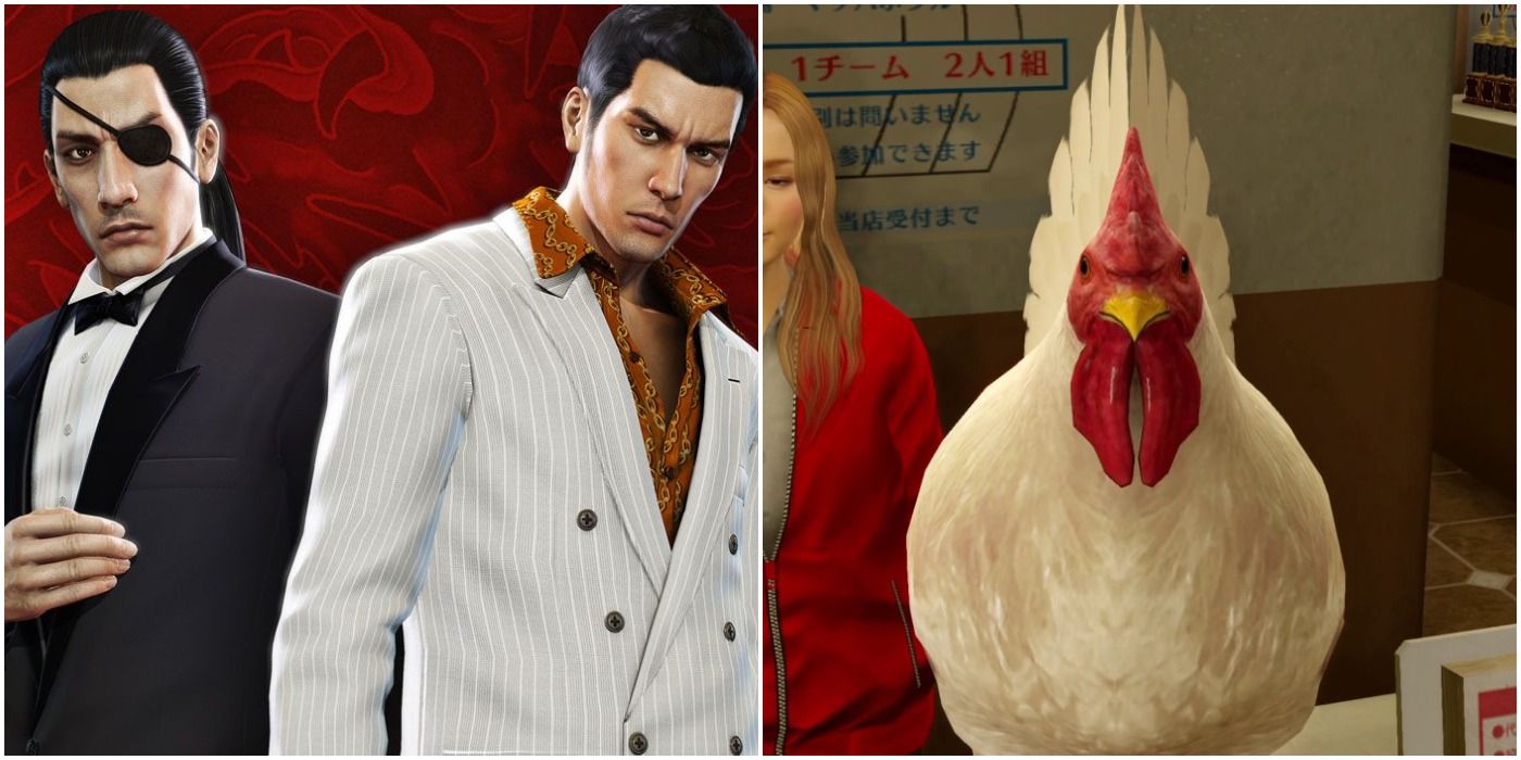(Left) Kiryu and Majima (Right) A chicken on a counter