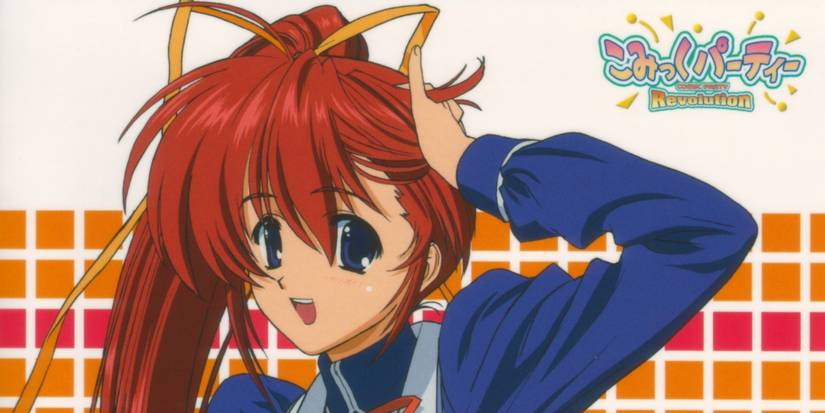 Redheaded anime girl with blue shirt and yellow bow.