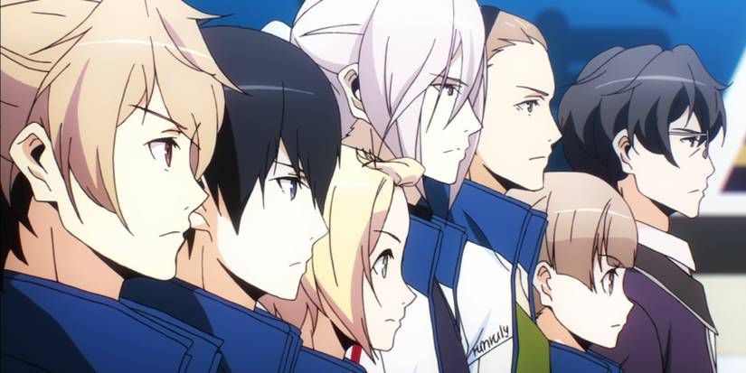 Anime characters in sportswear lined up.