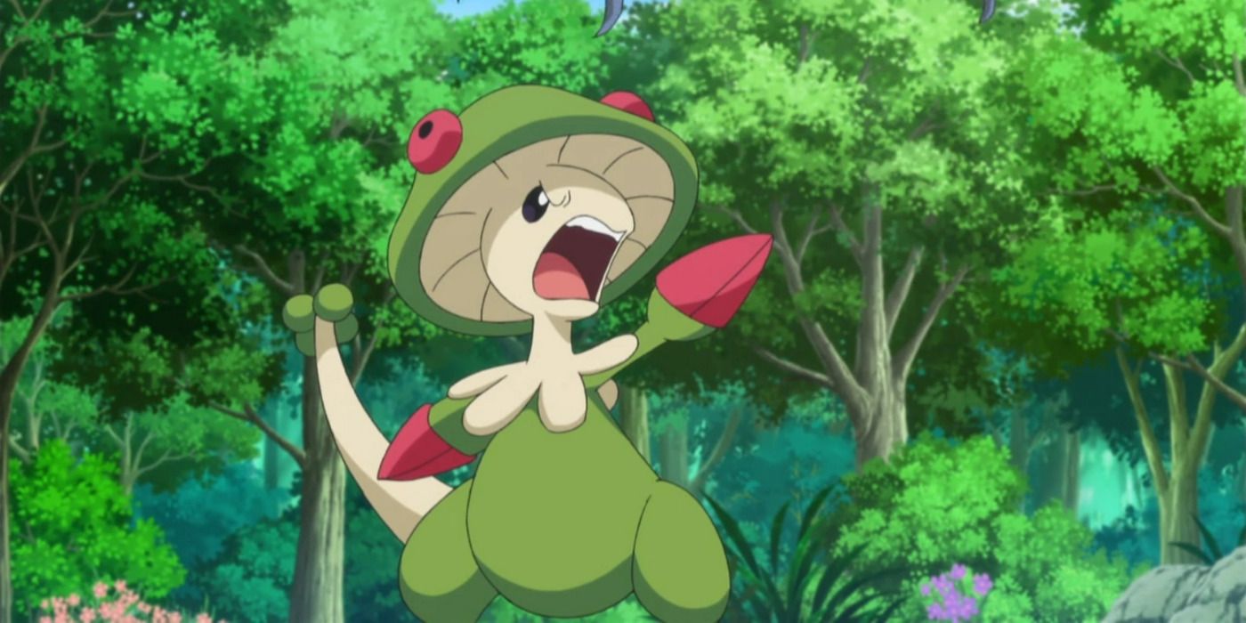 The Pokemon, Breloom pointing and shouting in woodlands in anime