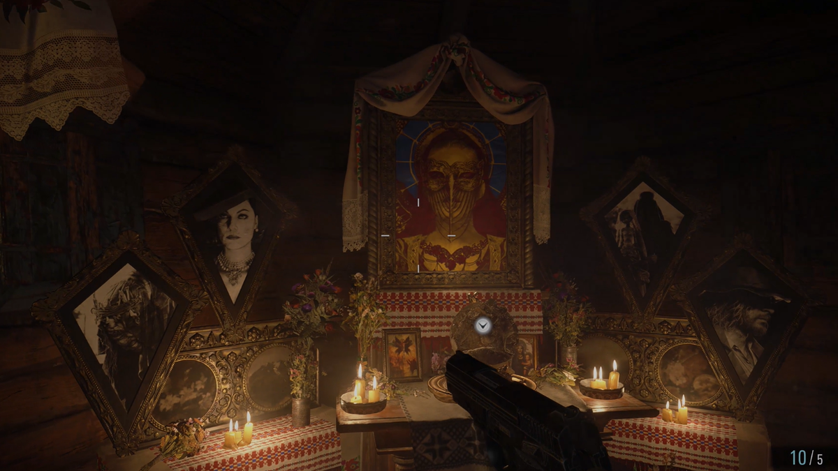 The four lords of Resident Evil Village appear on a shrine together in picture frames.