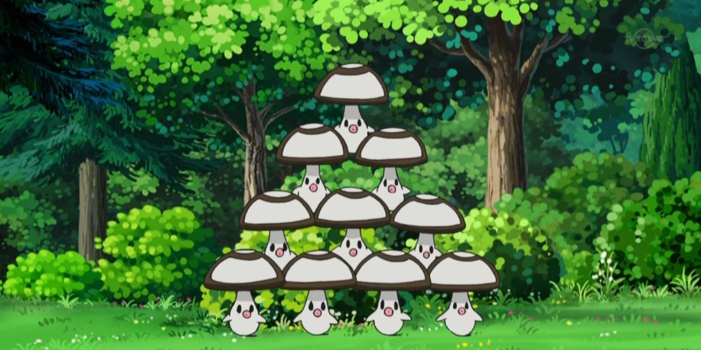 The Pokemon, Foongus stacked on pyrimad tower in woodlands in anime