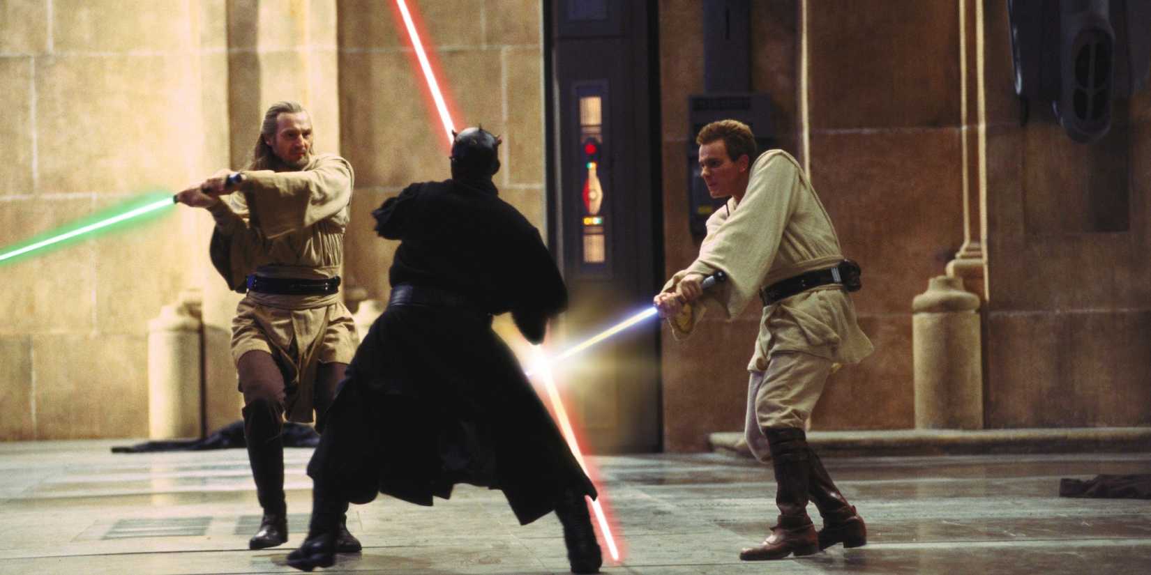 Obi-Wan and Qui-Gon Jinn in a lightsaber duel against Darth Maul in The Phantom Menace