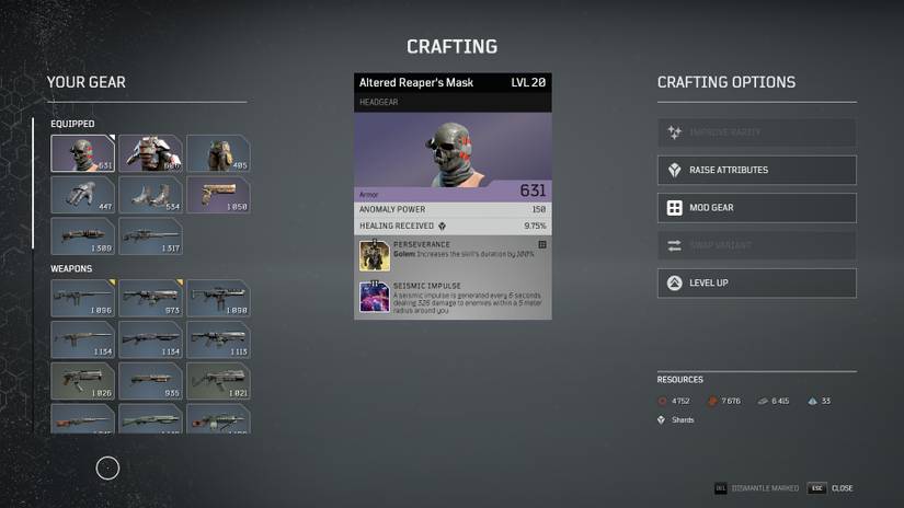 outriders initial crafting screen options