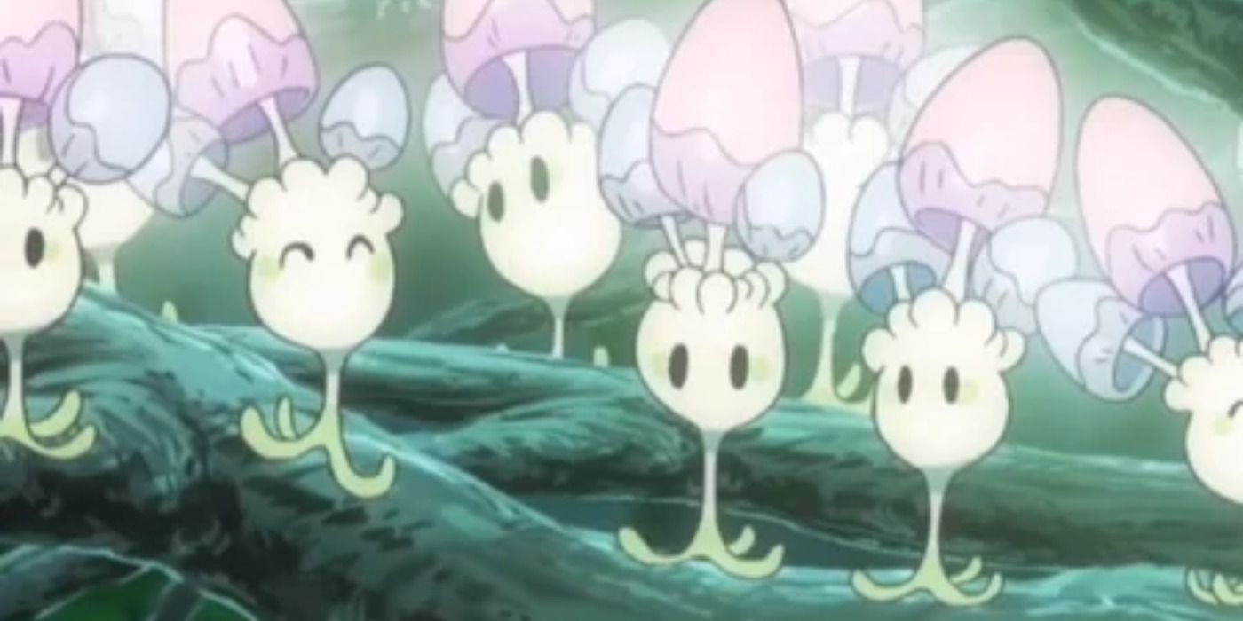 Multiple Morelull Pokemon glowing on tree branch in anime