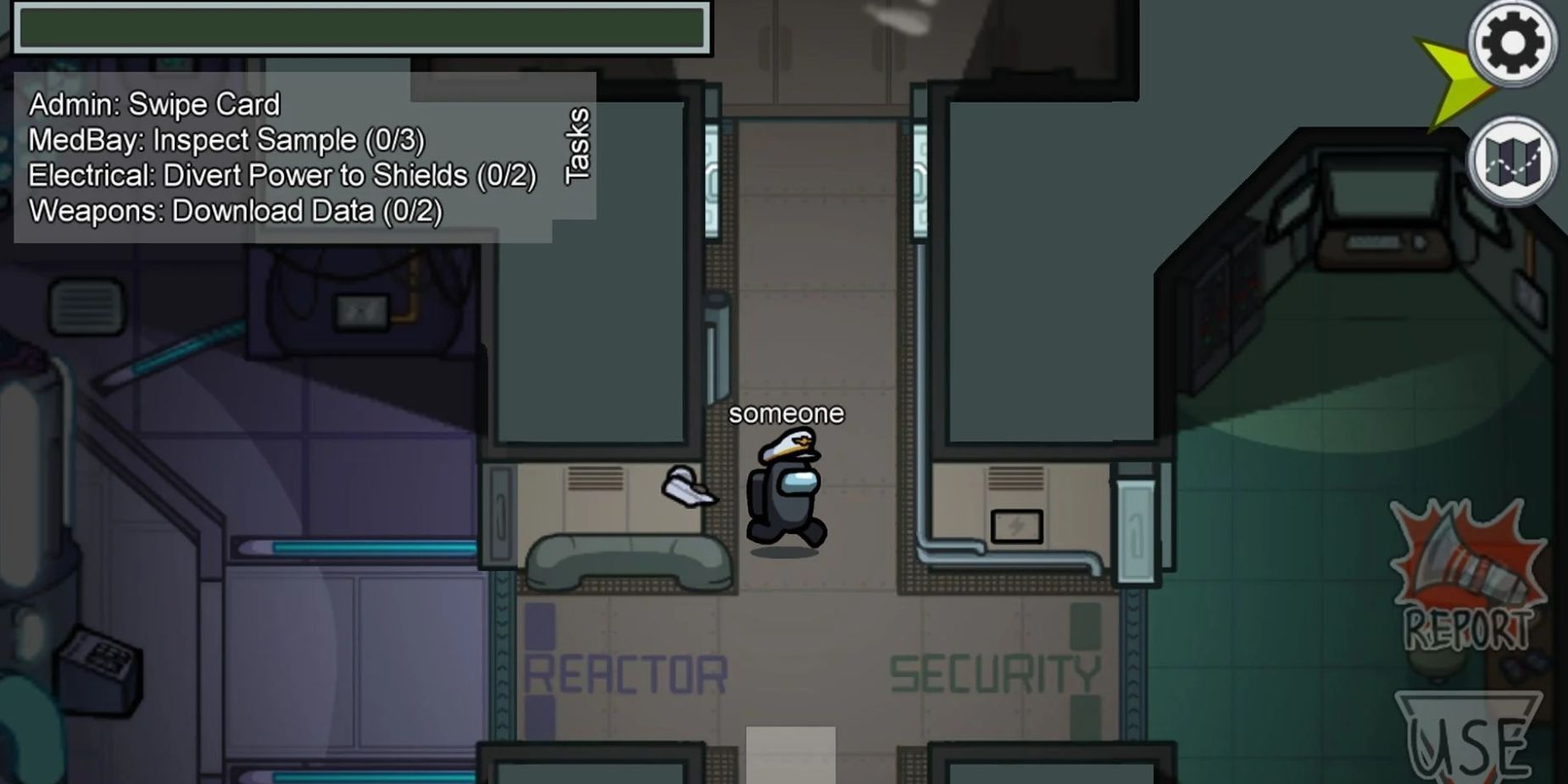 A crewmate walking past the security and reactor rooms in Among Us