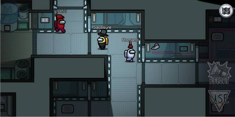 Multiple crewmates in the eastern hall of The Skeld in Among Us