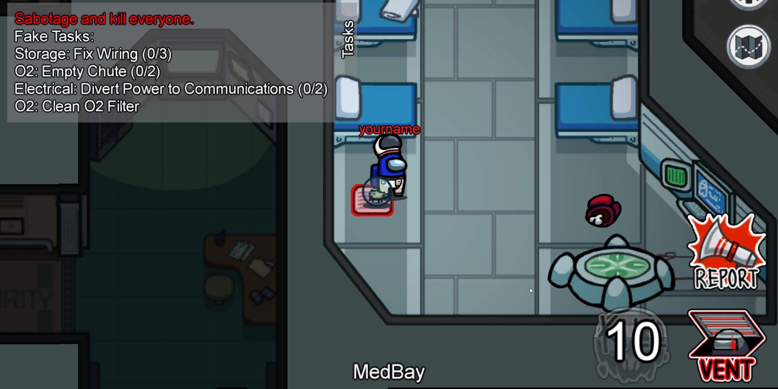 An imposter about to use the MedBay vent in Among Us