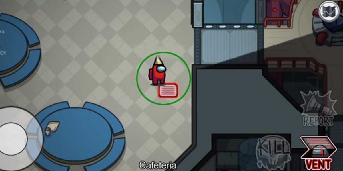 Red Player as the imposter standing near vent in cafeteria room in Among Us