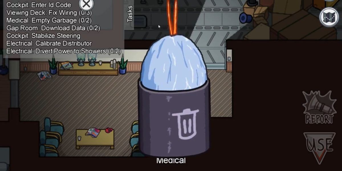 Player completing the trash bin task in the Medical room on the Airship map in Among Us