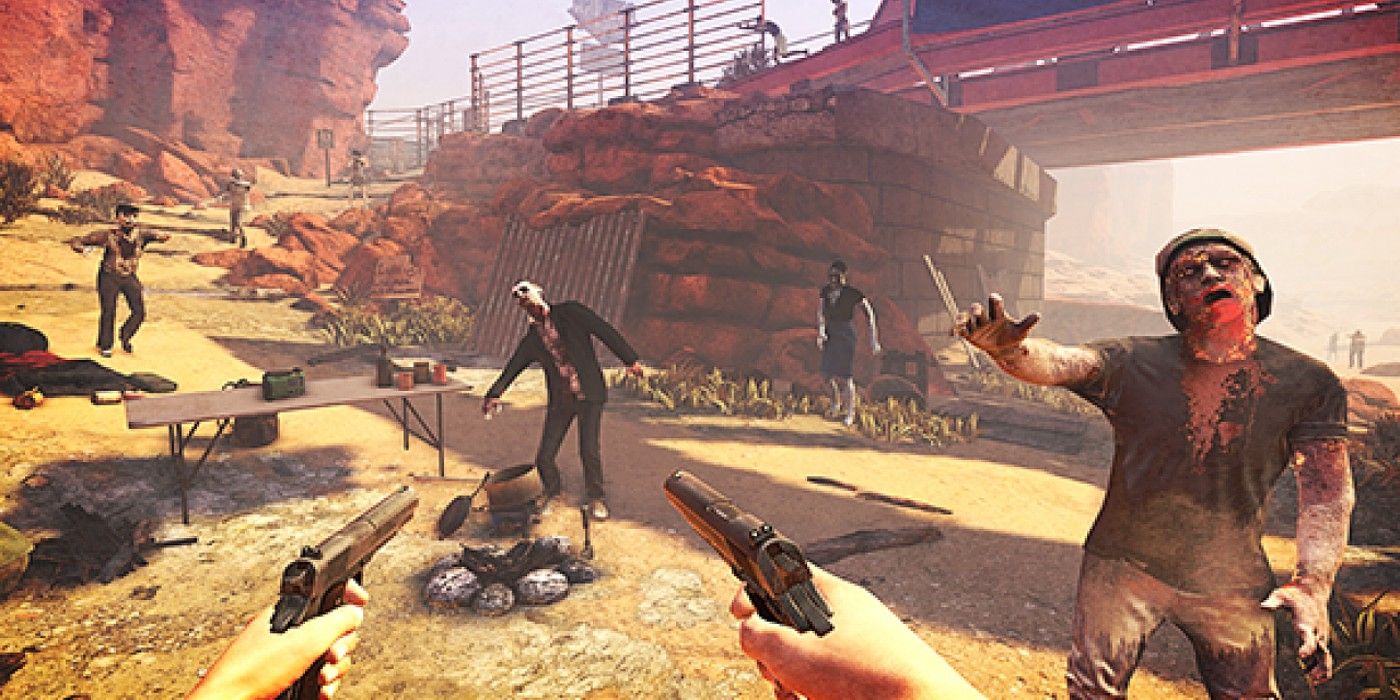Arizona Sunshine PSVR gameplay aiming dual weilding pistols at zombies