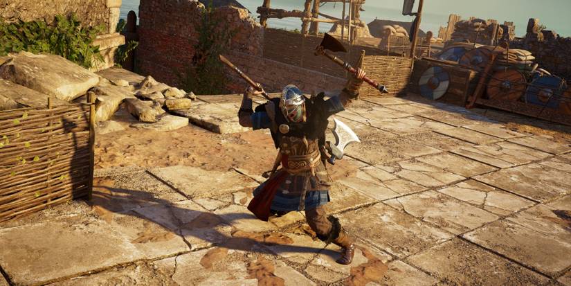 bearded axe in secondary hand being swung overhead.