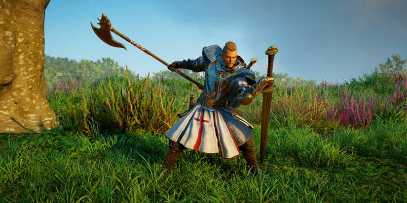 dual wielding two handed weapons: a dane axe and a great sword.