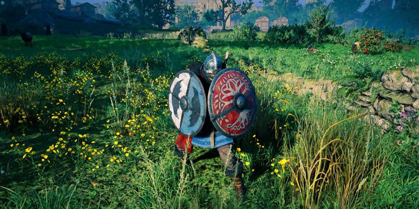 eivor holding 2 shields in a meadow.