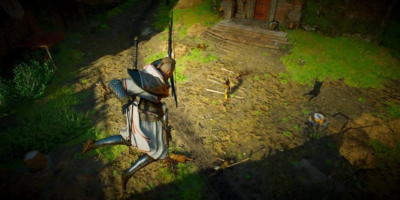 shooting a hunting bow while in mid air.