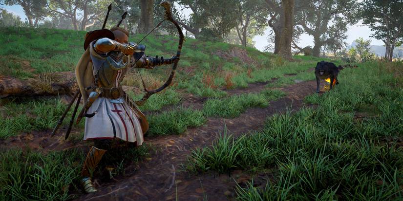 eivor about to shoot a wolf in the face.