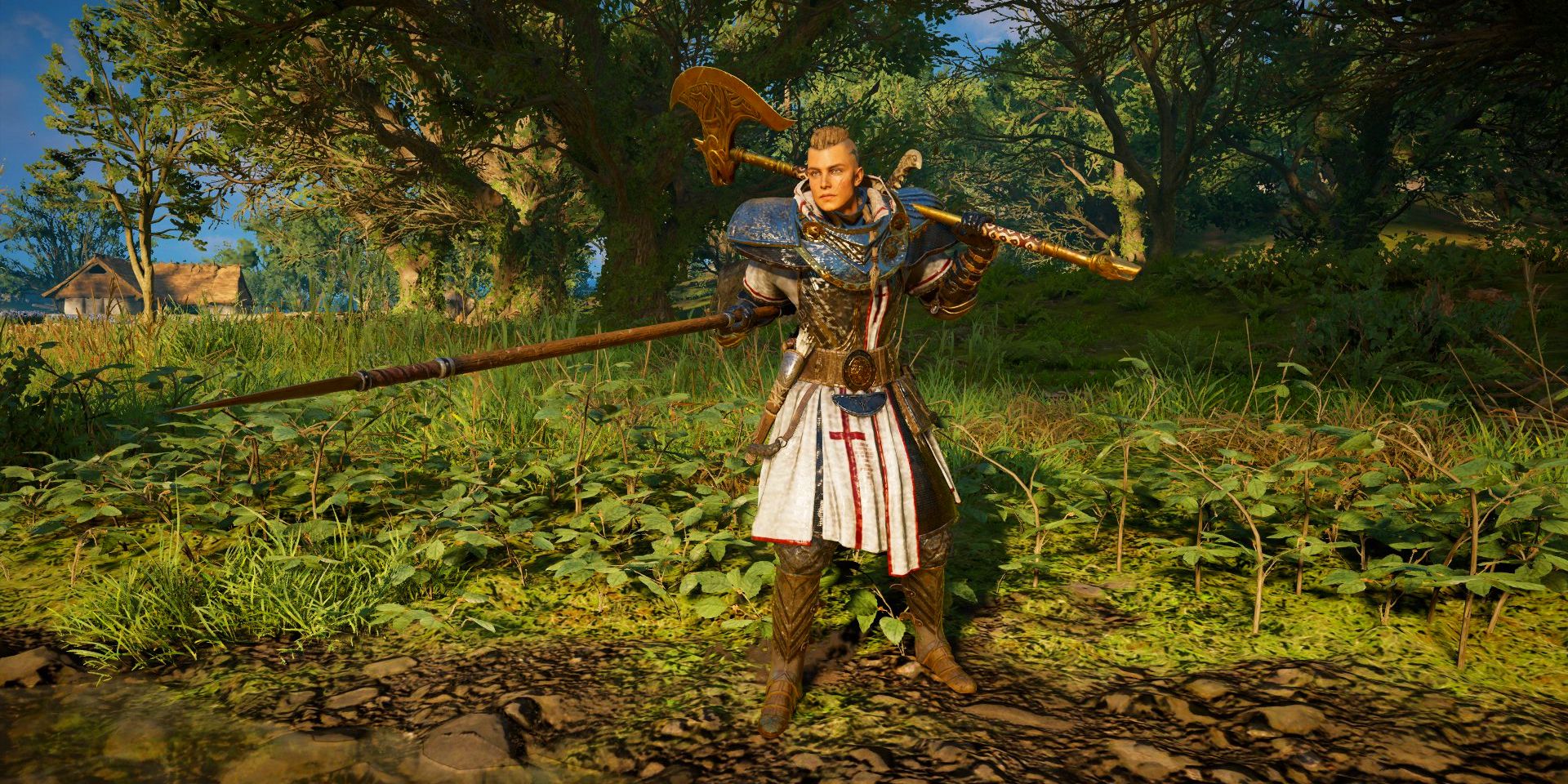 eivor holding a spear and a dane axe.