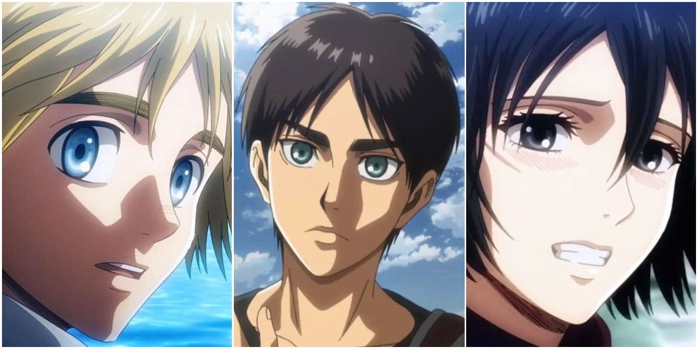 Armin, Eren, and Mikasa in Attack on Titan