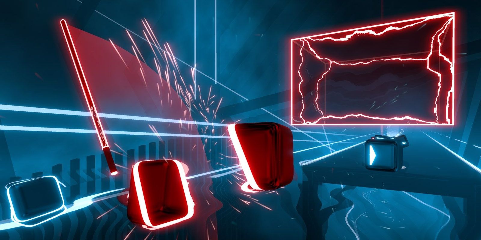 A red block is sliced in half with an oncoming wall obstacle in a neon environment