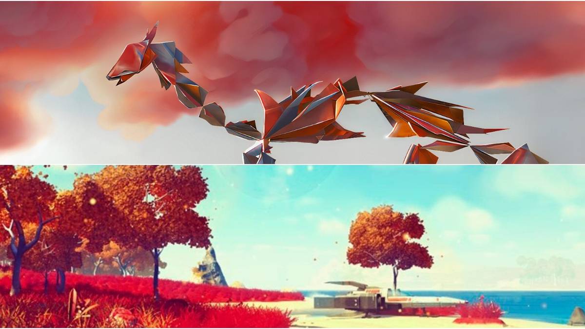 A creature roams a pink clouded enviornment and a pink tropical island sits