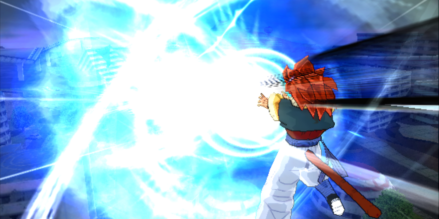 Gogeta fires a Big Bang Kamehameha in Dragon Ball Z: Budokai Tenkaichi 3
