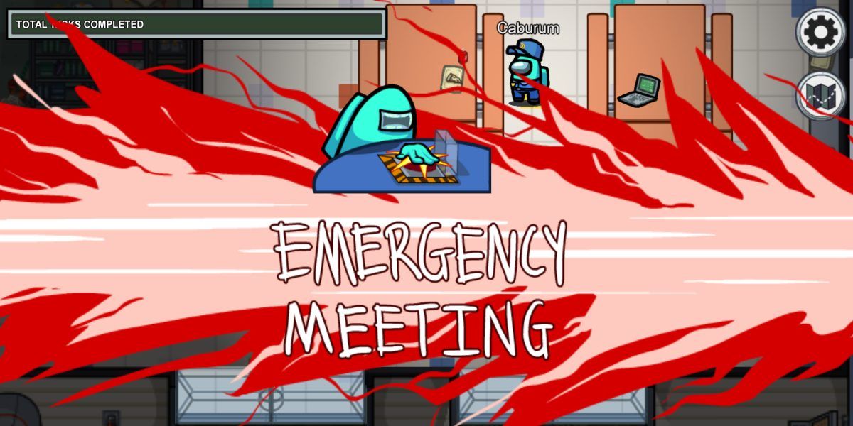 Blue Player pressing the emergency button to call a meeting in Among Us
