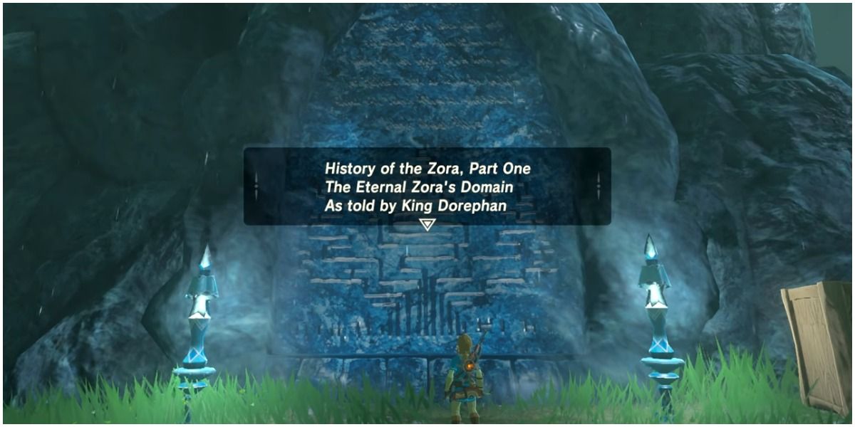 Screenshot of the Zora memorial from Breath of the Wild
