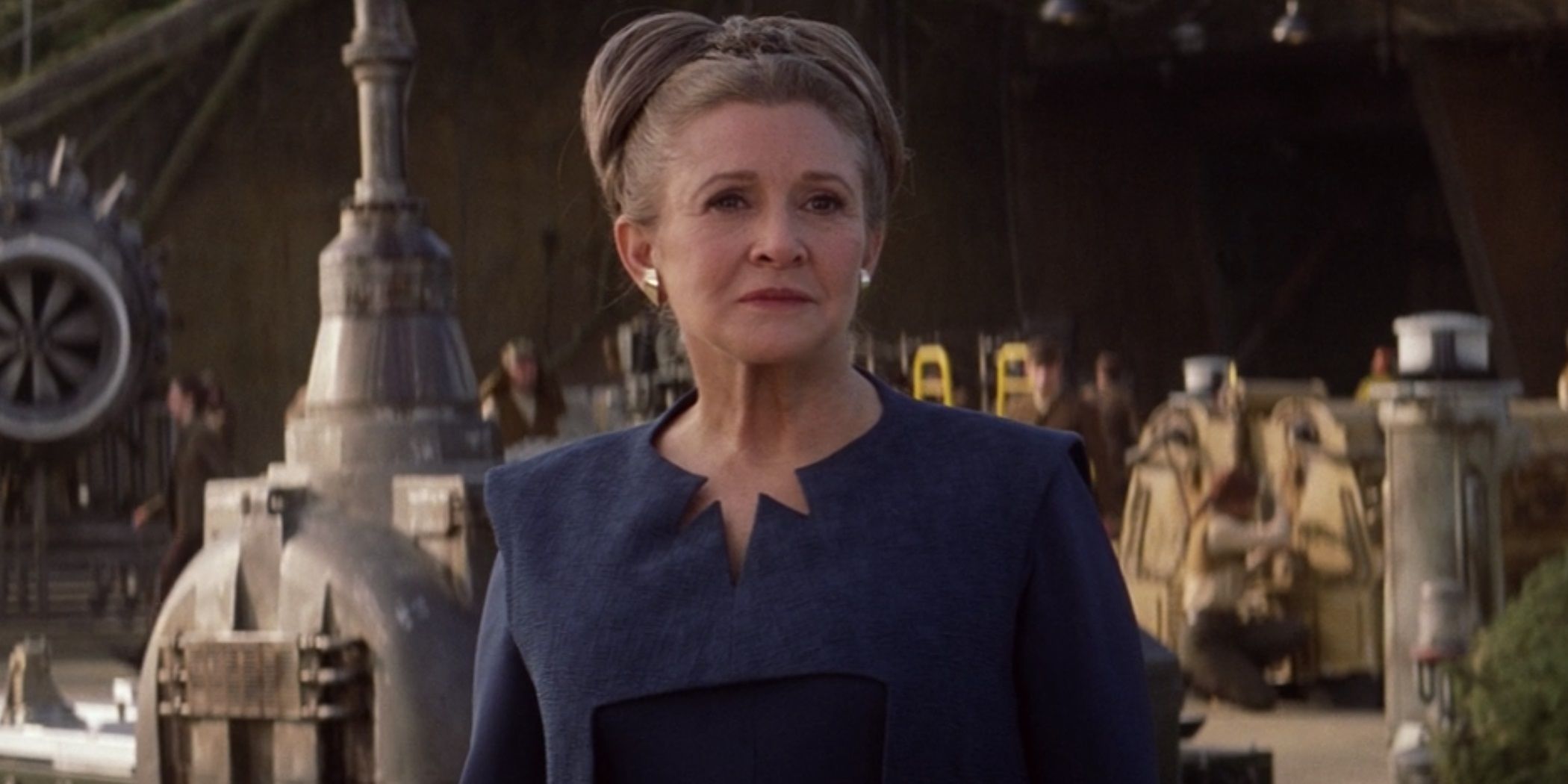 Carrie Fisher as General Leia on the Rebel base in The Force Awakens