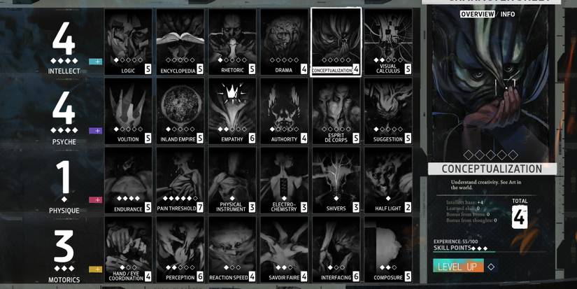 Conceptualization in Disco Elysium's Character Sheet