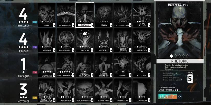 Rhetoric in Disco Elysium's Character Sheet