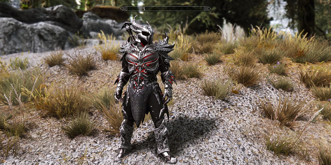 Spiky black armor with red accent colors in Elder Scrolls 5 Skyrim