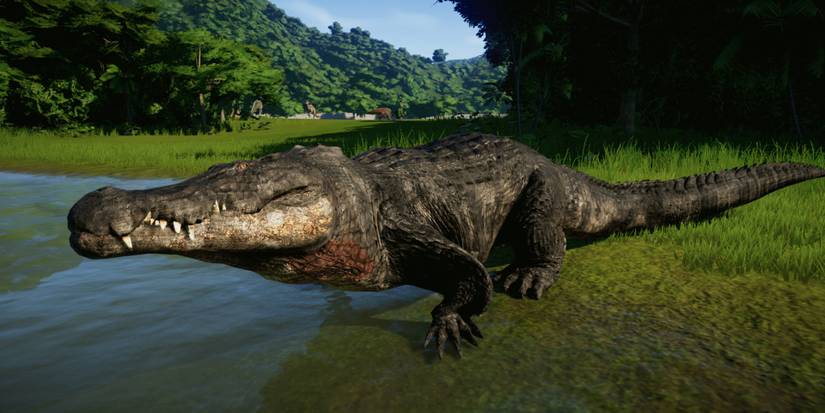 A Deinosuchus mod stalks the water in Jurassic World Evolution