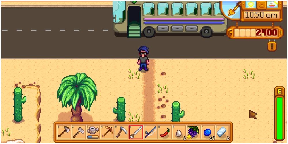 The player after getting off the bus in Calico Desert
