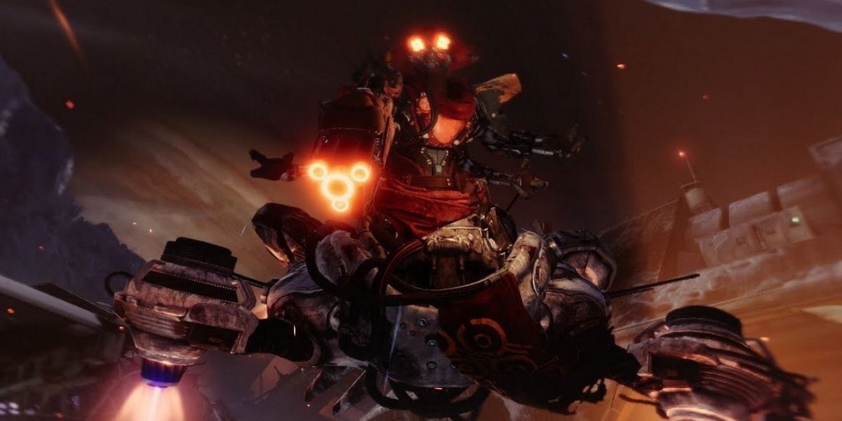 Destiny 2: Beyond Light Raid boss Taniks, The Abomination riding glider into combat