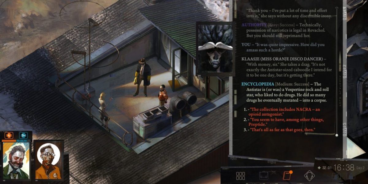 Character text and dialogue options from Disco Elysium