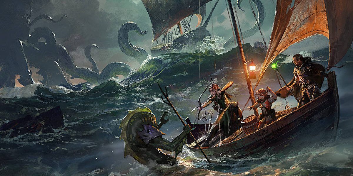 DnD 5e concept art of various characters at sea in combat with sea monsters
