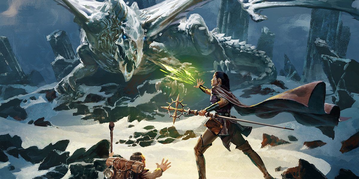 DnD 5e concept art of various characters fighting a dragon on a snowy mountain