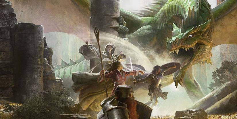 DnD 5e concept art of various characters facing down a dragon