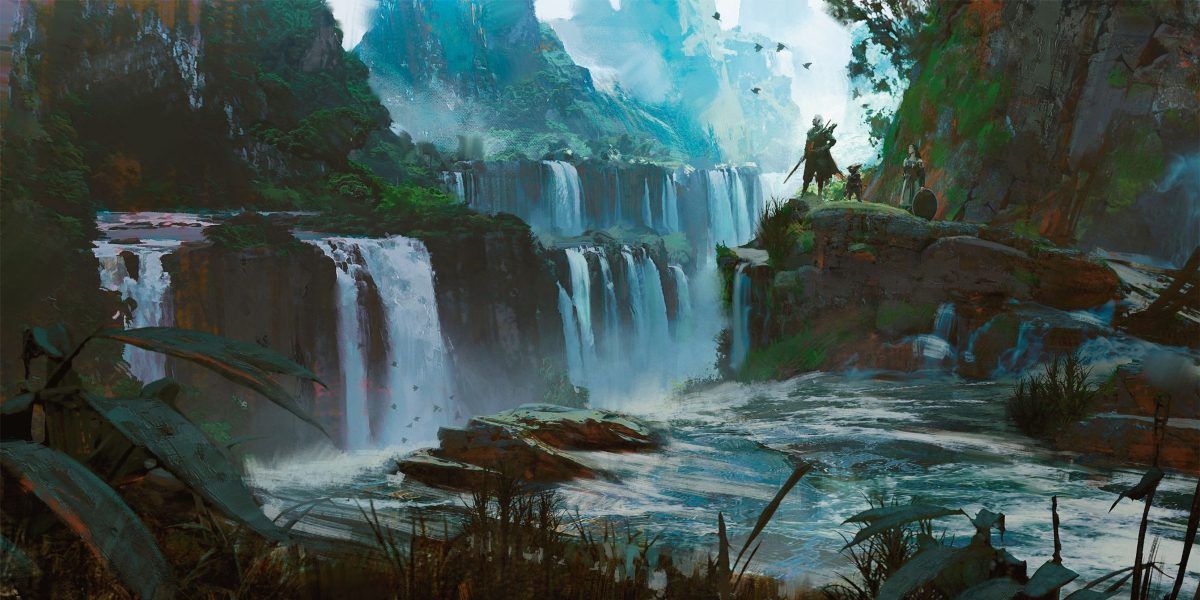 DnD concept art of various characters overlooking a series of waterfalls