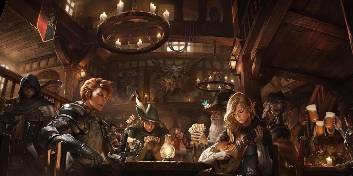 DnD concept art of various characters in a tavern