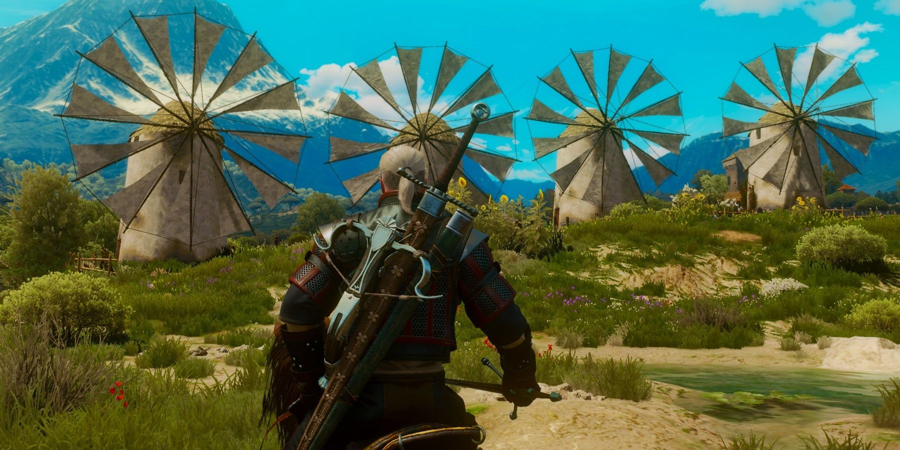 Geralt Riding Towards Windmills In The Witcher 3