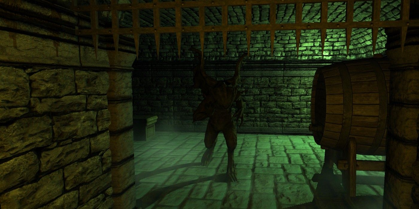 Dreadhalls gameplay opened gate in dark dungeon with creature running