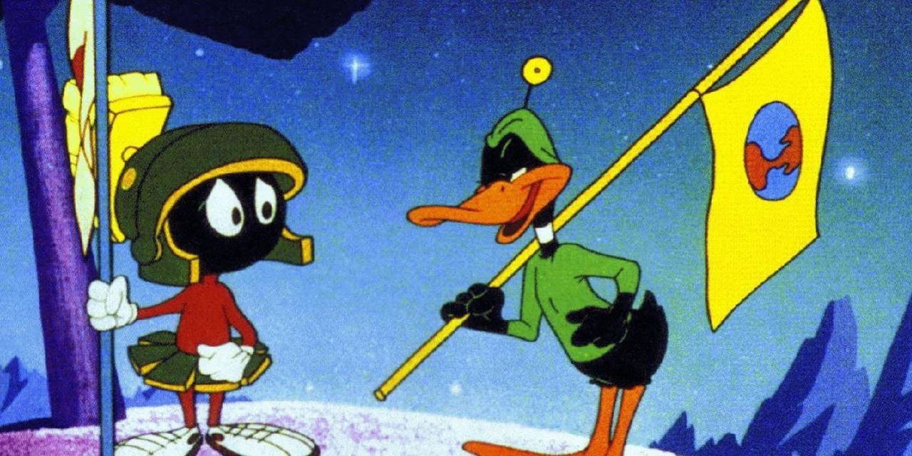 Duck Dodgers in the 24½th Century (1953), Marvin the Martian and Daffy with flags