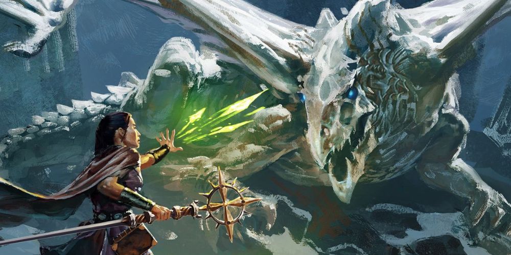 Dungeons and Dragons Eldritch Blast Warlock Casting Against Dragon Holding Staff
