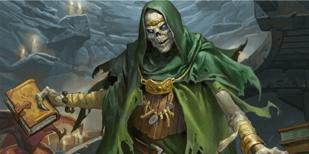 dungeons and dragons skeletal warlock necromancer holding tome casting power word kill