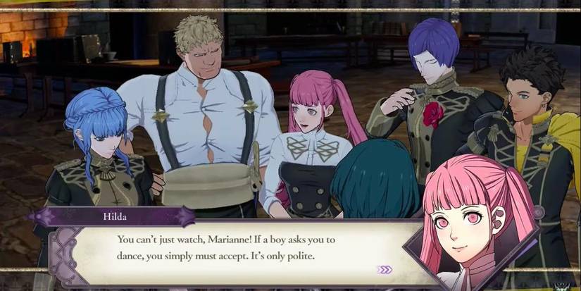 Golden Deer students together with Hilda speaking to Marianne.